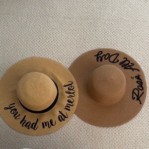 Set of Two Tan and Brown Sun Hats with wine sayings